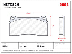 NETZSCH D968 brake pad drawing, 17.5 mm thick