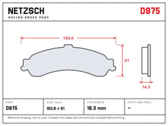 NETZSCH D975 brake pad drawing, 16.3 mm thick