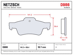 NETZSCH D986 brake pad drawing, 16.7 mm thick