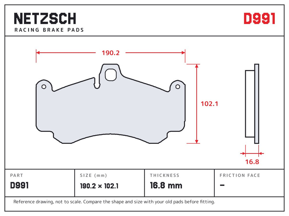 NETZSCH D991 brake pad drawing, 16.8 mm thick