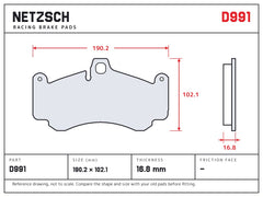 NETZSCH D991 brake pad drawing, 16.8 mm thick