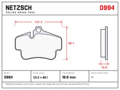 NETZSCH D994 brake pad drawing, 16.8 mm thick