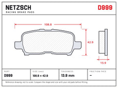NETZSCH D999 brake pad drawing, 13.9 mm thick