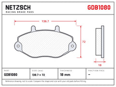 NETZSCH GDB1080 brake pad drawing, 18 mm thick