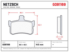 NETZSCH GDB1169 brake pad drawing, 14.5 mm thick