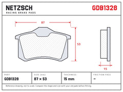 NETZSCH GDB1328 brake pad drawing, 15 mm thick