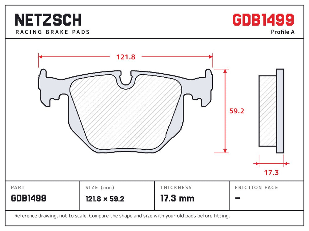 NETZSCH GDB1499 brake pad drawing, 17.3 mm thick