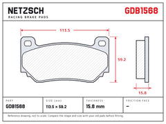 NETZSCH GDB1568 brake pad drawing, 15.8 mm thick