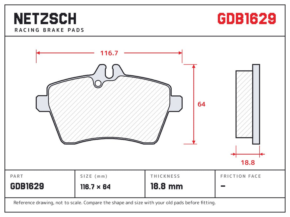 NETZSCH GDB1629 brake pad drawing, 18.8 mm thick