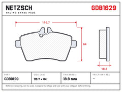 NETZSCH GDB1629 brake pad drawing, 18.8 mm thick