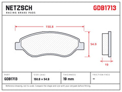 NETZSCH GDB1713 brake pad drawing, 19 mm thick