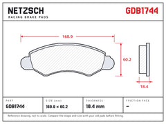 NETZSCH GDB1744 brake pad drawing, 18.4 mm thick