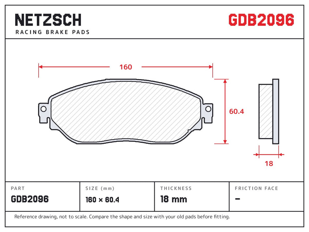 NETZSCH GDB2096 brake pad drawing, 18 mm thick