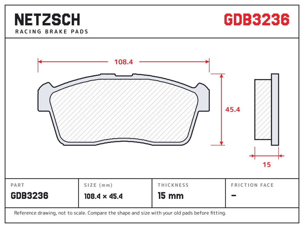NETZSCH GDB3236 brake pad drawing, 15 mm thick
