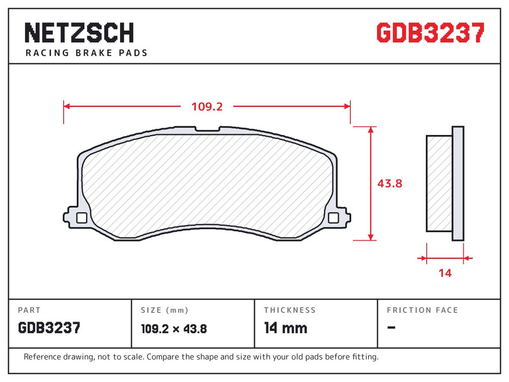NETZSCH GDB3237 brake pad drawing, 14 mm thick