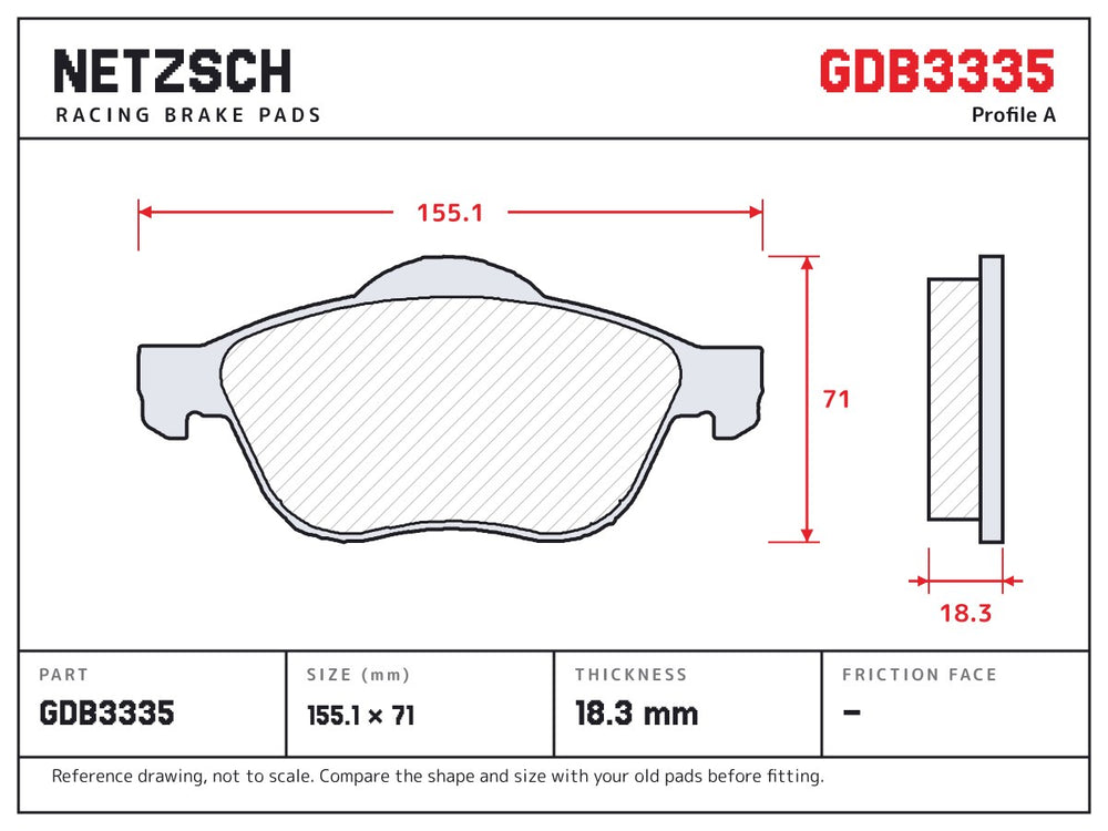 NETZSCH GDB3335 brake pad drawing, 18.3 mm thick