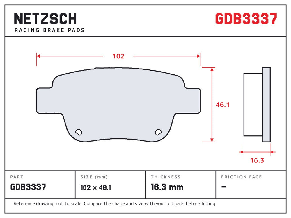 NETZSCH GDB3337 brake pad drawing, 16.3 mm thick