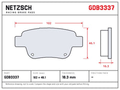 NETZSCH GDB3337 brake pad drawing, 16.3 mm thick