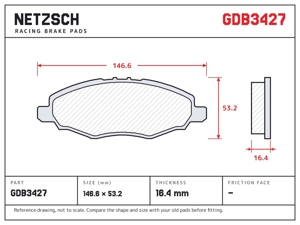 NETZSCH GDB3427 brake pad drawing, 16.4 mm thick