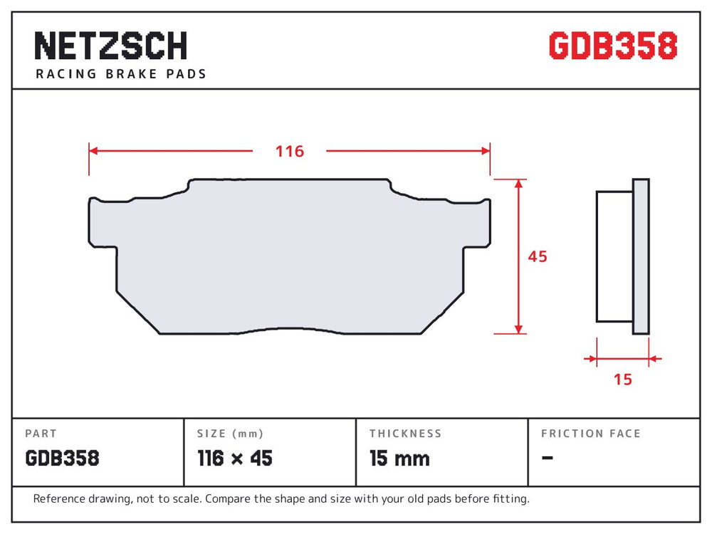 NETZSCH GDB358 brake pad drawing, 15 mm thick