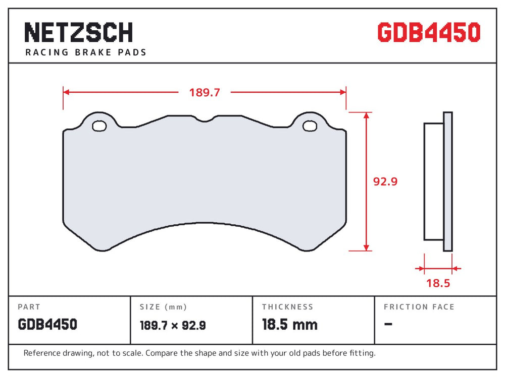 NETZSCH GDB4450 brake pad drawing, 18.5 mm thick