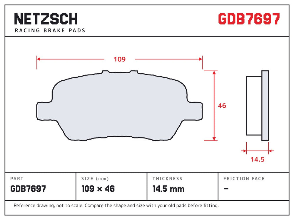 NETZSCH GDB7697 brake pad drawing, 14.5 mm thick