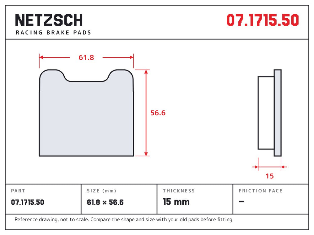 NETZSCH Brembo 07.1715.50 brake pad drawing, 15 mm thick