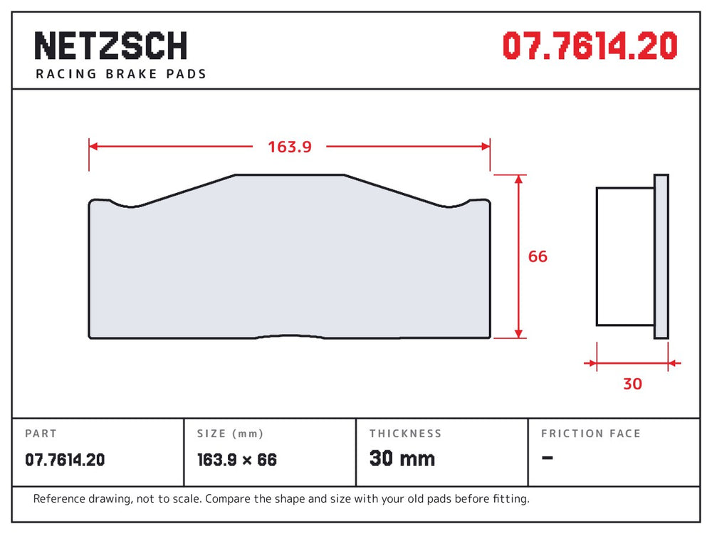 NETZSCH Brembo 07.7614.20 brake pad drawing, 30 mm thick