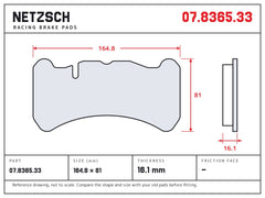 NETZSCH Brembo 07.8365.33 brake pad drawing, 16.1 mm thick