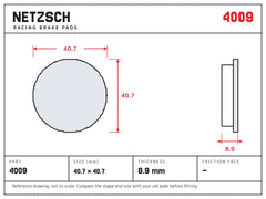 NETZSCH Wilwood 4009 brake pad drawing, 8.9 mm thick