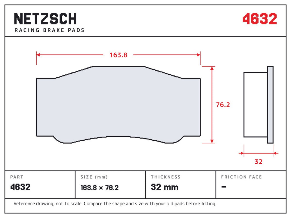 NETZSCH Wilwood 4632 brake pad drawing, 32 mm thick