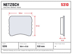 NETZSCH Wilwood 5310 brake pad drawing, 9.9 mm thick