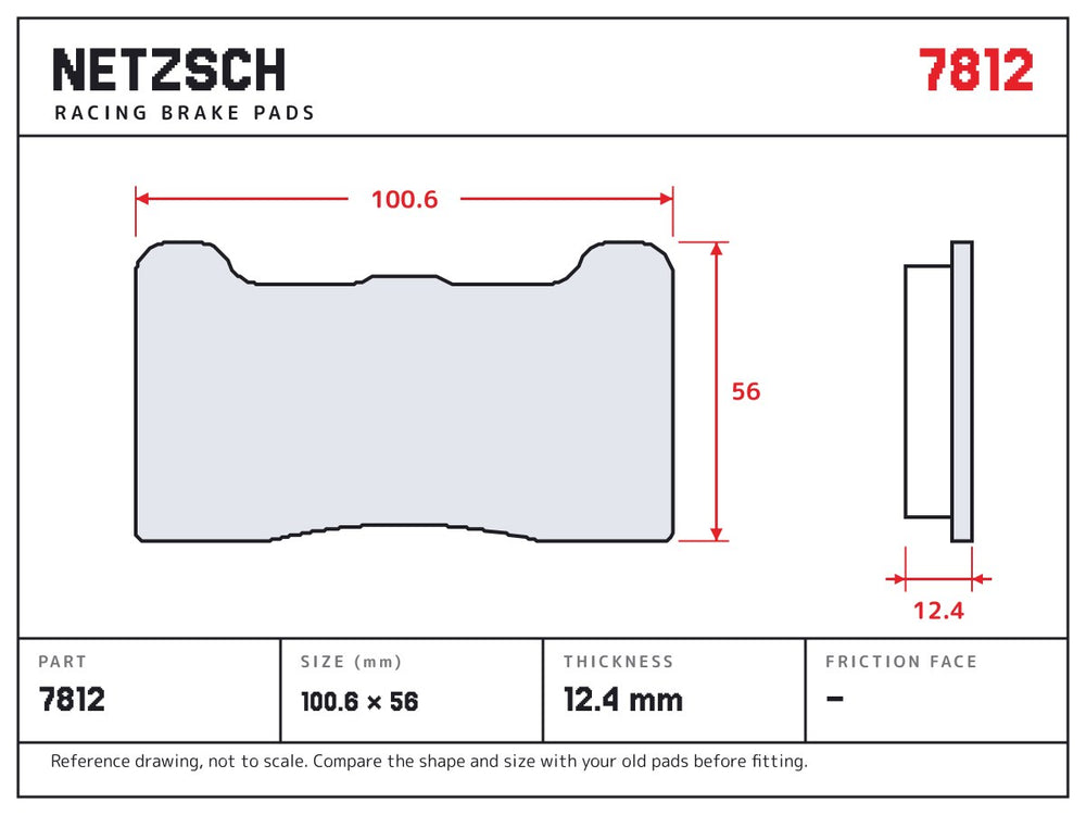 NETZSCH Wilwood 7812 brake pad drawing, 12.4 mm thick