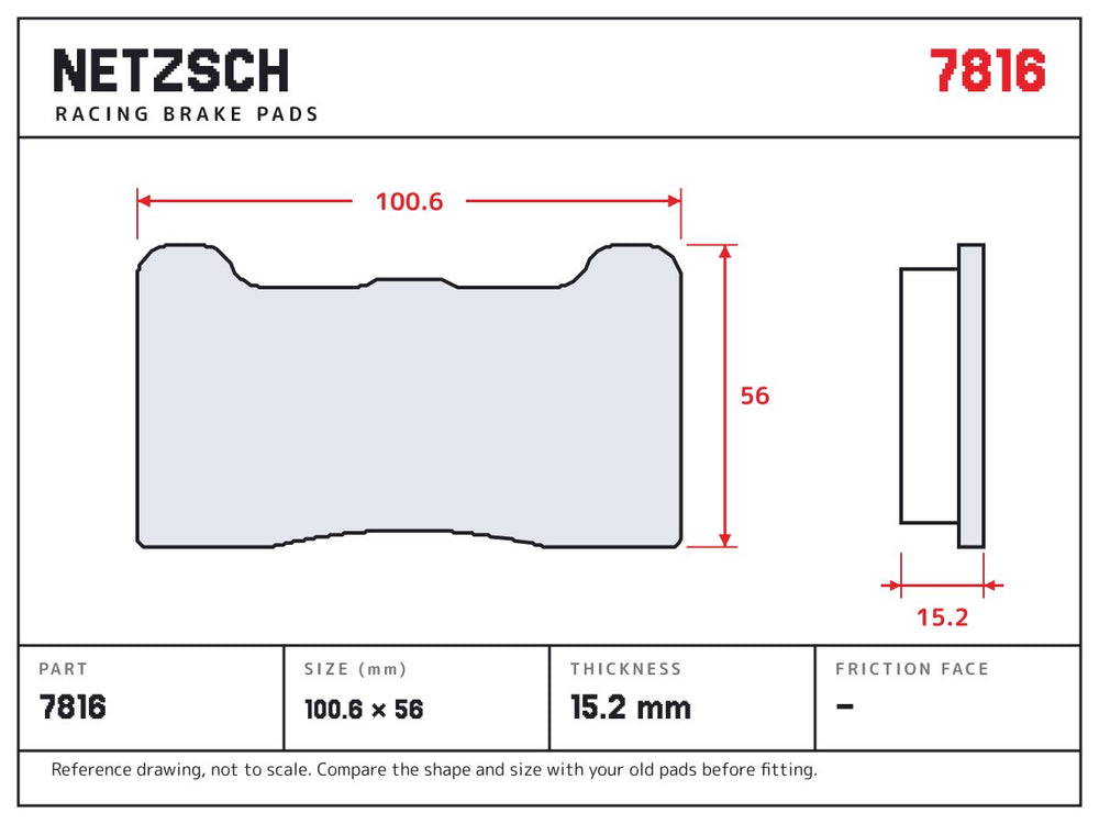 NETZSCH Wilwood 7816 brake pad drawing, 15.2 mm thick