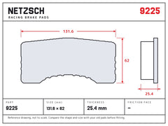 NETZSCH Wilwood 9225 brake pad drawing, 25.4 mm thick