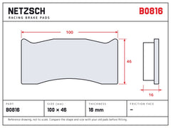 NETZSCH Brembo B0816 brake pad drawing, 16 mm thick