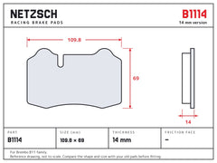 NETZSCH Brembo B1114 brake pad drawing, 14 mm thick