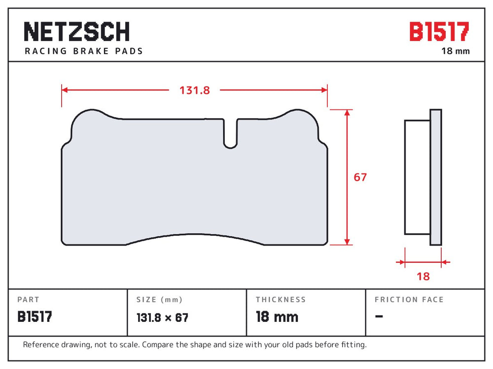 NETZSCH Brembo B1517 brake pad drawing, 18 mm thick