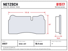 NETZSCH Brembo B1517 brake pad drawing, 18.4 mm thick