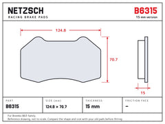NETZSCH Brembo B6315 brake pad drawing, 15 mm thick