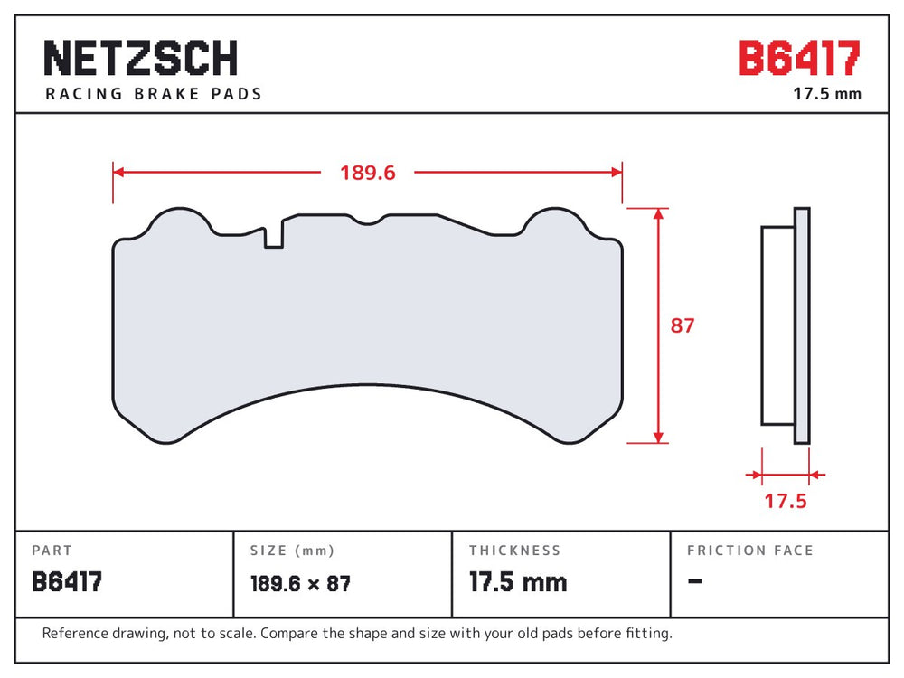 NETZSCH Brembo B6417 brake pad drawing, 17.5 mm thick