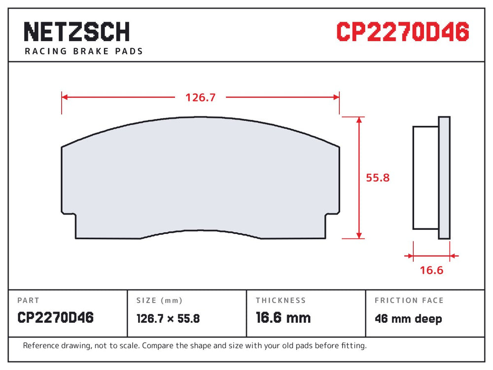NETZSCH AP Racing CP2270D46 brake pad drawing, 16.6 mm thick