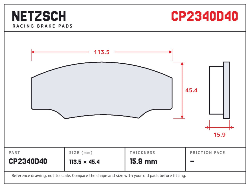 NETZSCH AP Racing CP2340D40 brake pad drawing, 15.9 mm thick