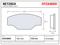 NETZSCH AP Racing CP2340D51 brake pad drawing, 15.9 mm thick