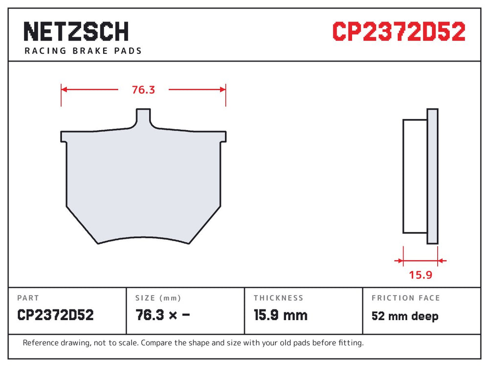 NETZSCH AP Racing CP2372D52 brake pad drawing, 15.9 mm thick