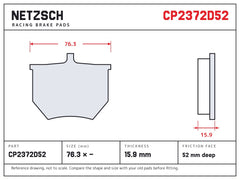 NETZSCH AP Racing CP2372D52 brake pad drawing, 15.9 mm thick