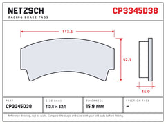 NETZSCH AP Racing CP3345D38 brake pad drawing, 15.9 mm thick
