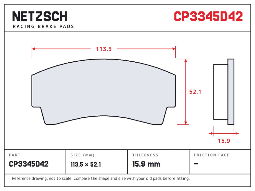 NETZSCH AP Racing CP3345D42 brake pad drawing, 15.9 mm thick