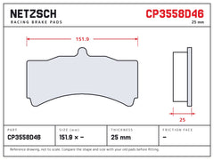 NETZSCH AP Racing CP3558D46 brake pad drawing, 25 mm thick