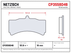 NETZSCH AP Racing CP3558D46 brake pad drawing, 18 mm thick